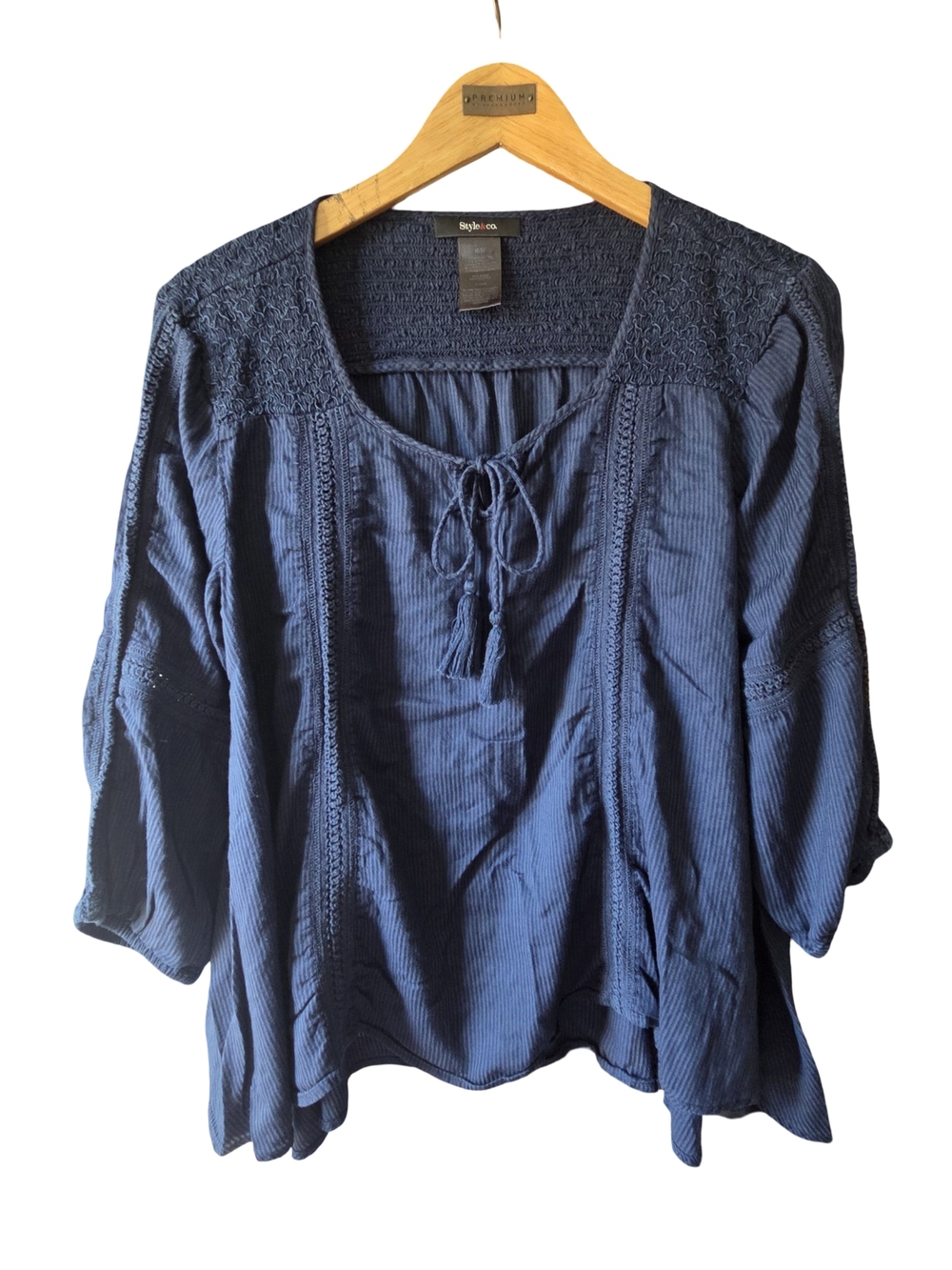 Style & Co. Women's Blouse Soft Surroundings Navy Tie-Front Peasant Tunic